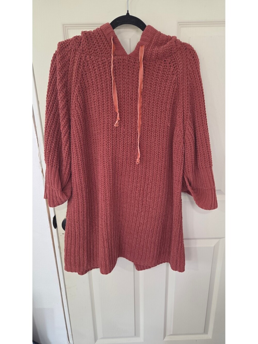 POL Women’s Large Rust Chenille Knit Hooded Sweater Tunic Velvet Drawstring Boho